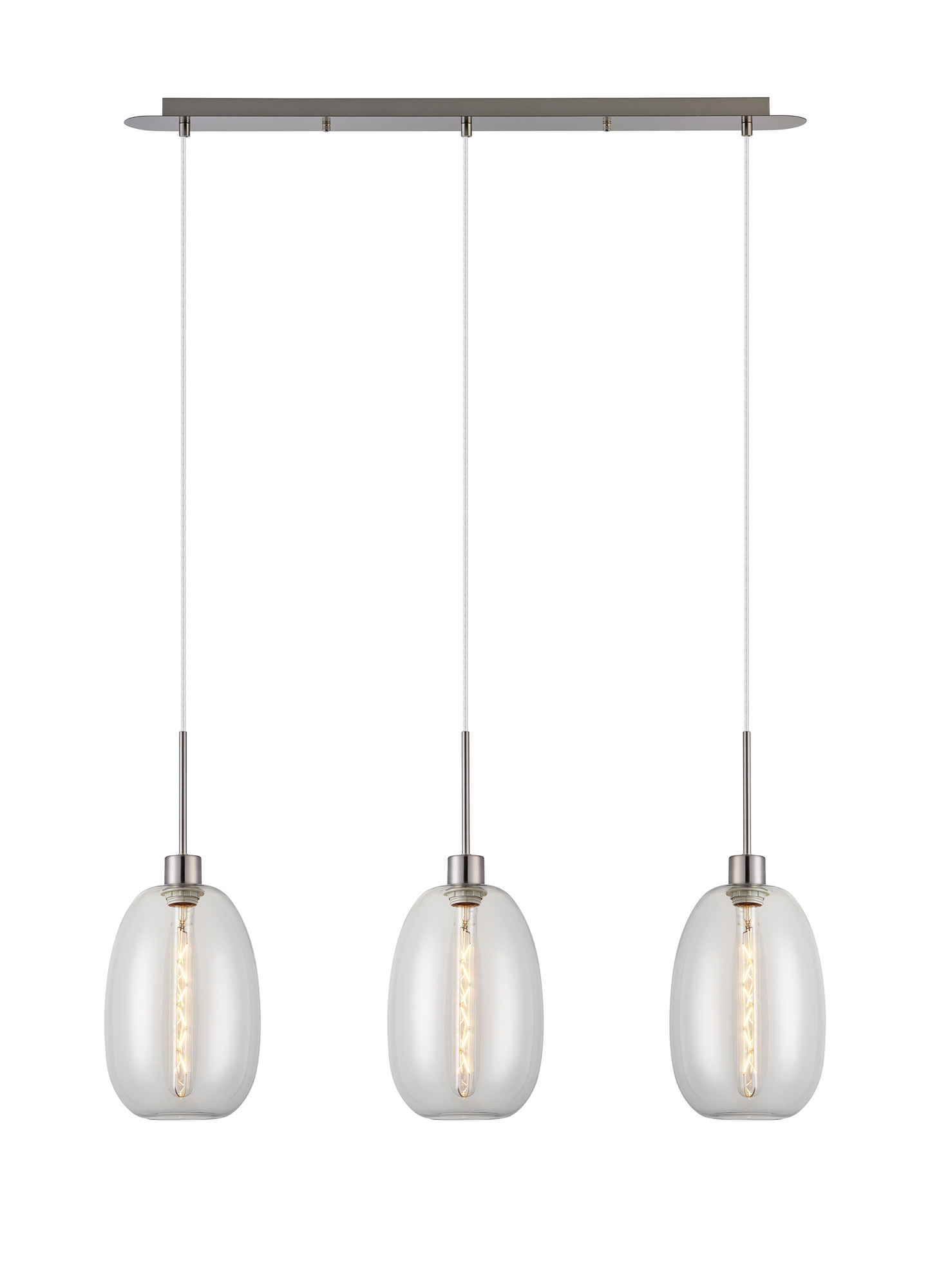 DK1389  Lori Linear Pendant, 3 Light Adjustable E27, Satin Nickel/Clear Slim Curved Trapezium Shades